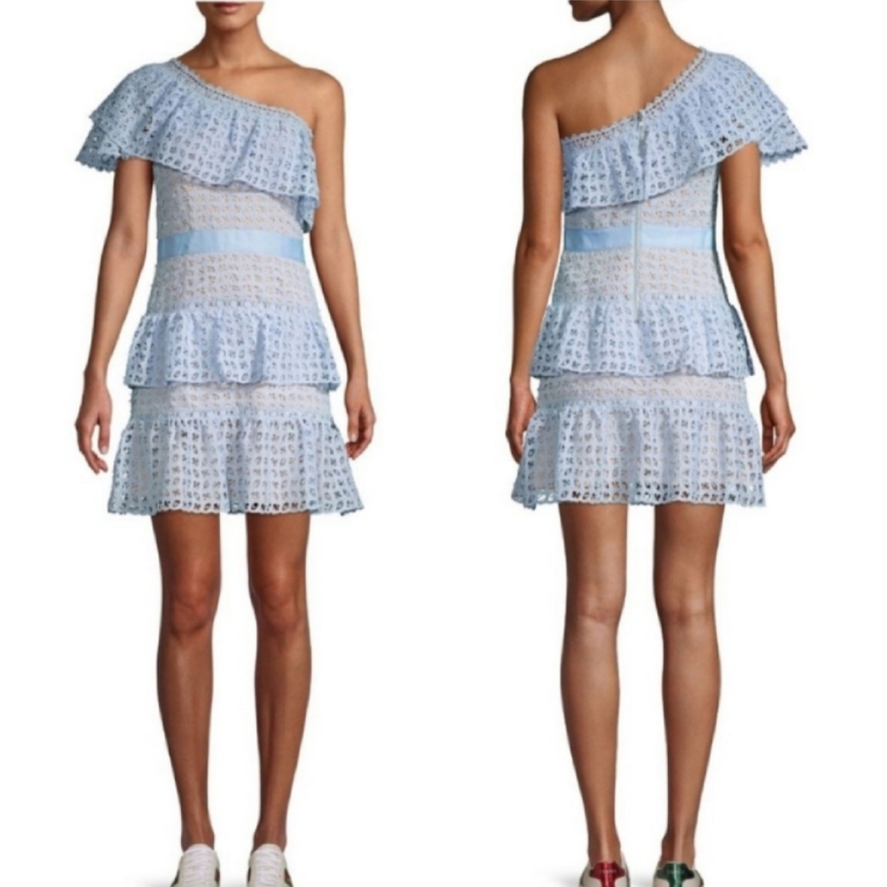 Allison New York One Shoulder Lace Ruffle Tier Layer Dress Light Blue SZ XS